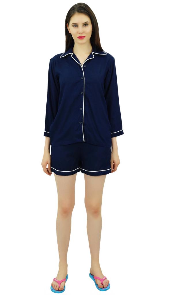 Bimba Button-Down Shirt With Elastic Waist Shorts 2 Pcs Full Sleeve Night Wear