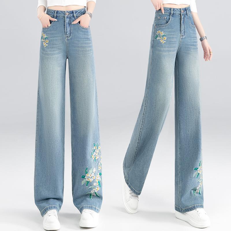 Sky blue fashion flower embroidery wide-leg jeans women's summer new high-waisted fashion temperament straight-leg pants