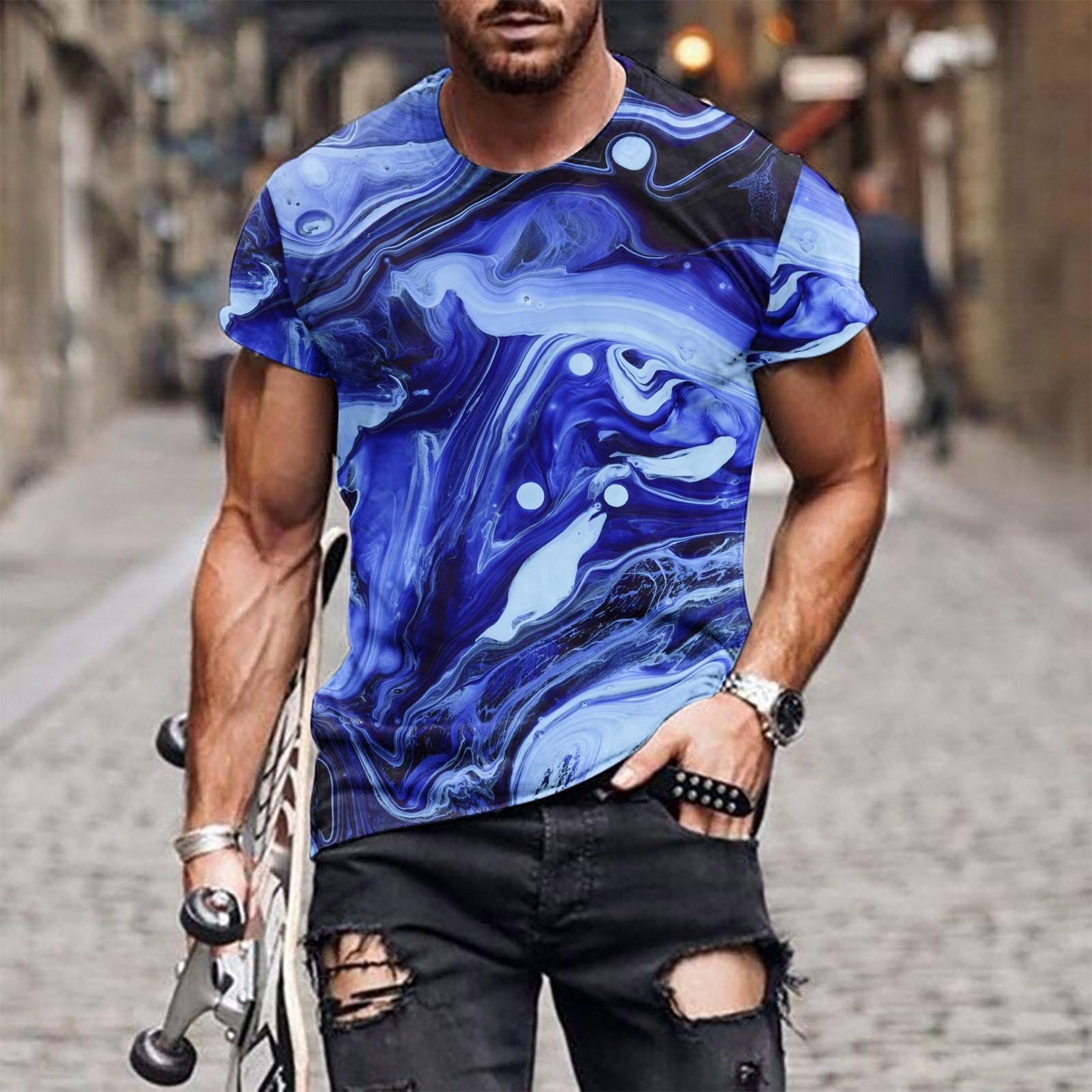 

Футболка с коротким рукавом в европейском и американском стиле с круглым вырезом и этническим ретро-принтом XXXXXL синий