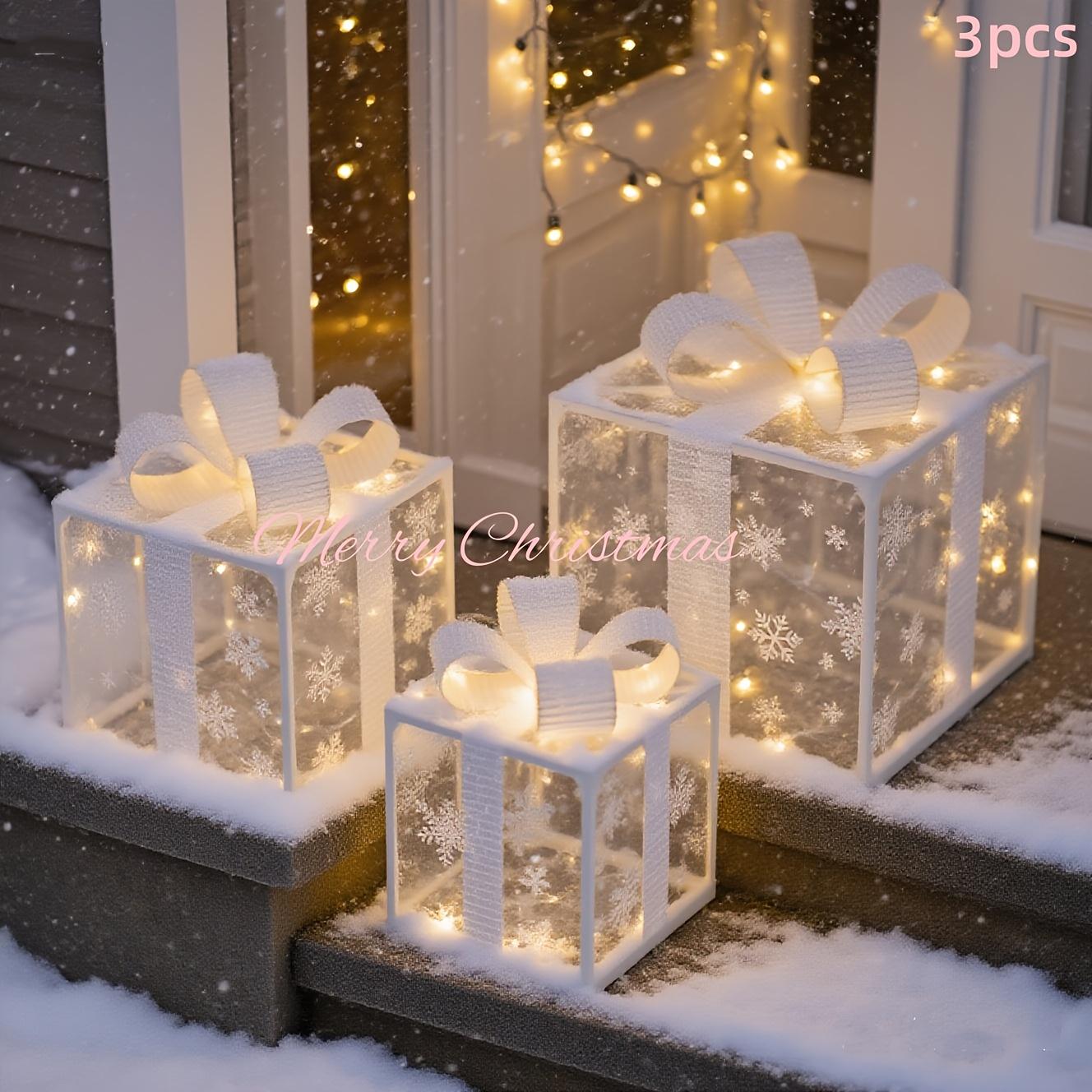 Set di 3 scatole regalo di Natale illuminate con luci LED calde e fiocchi di nastro innevati Decorazioni natalizie senza fili (Batterie non incluse)