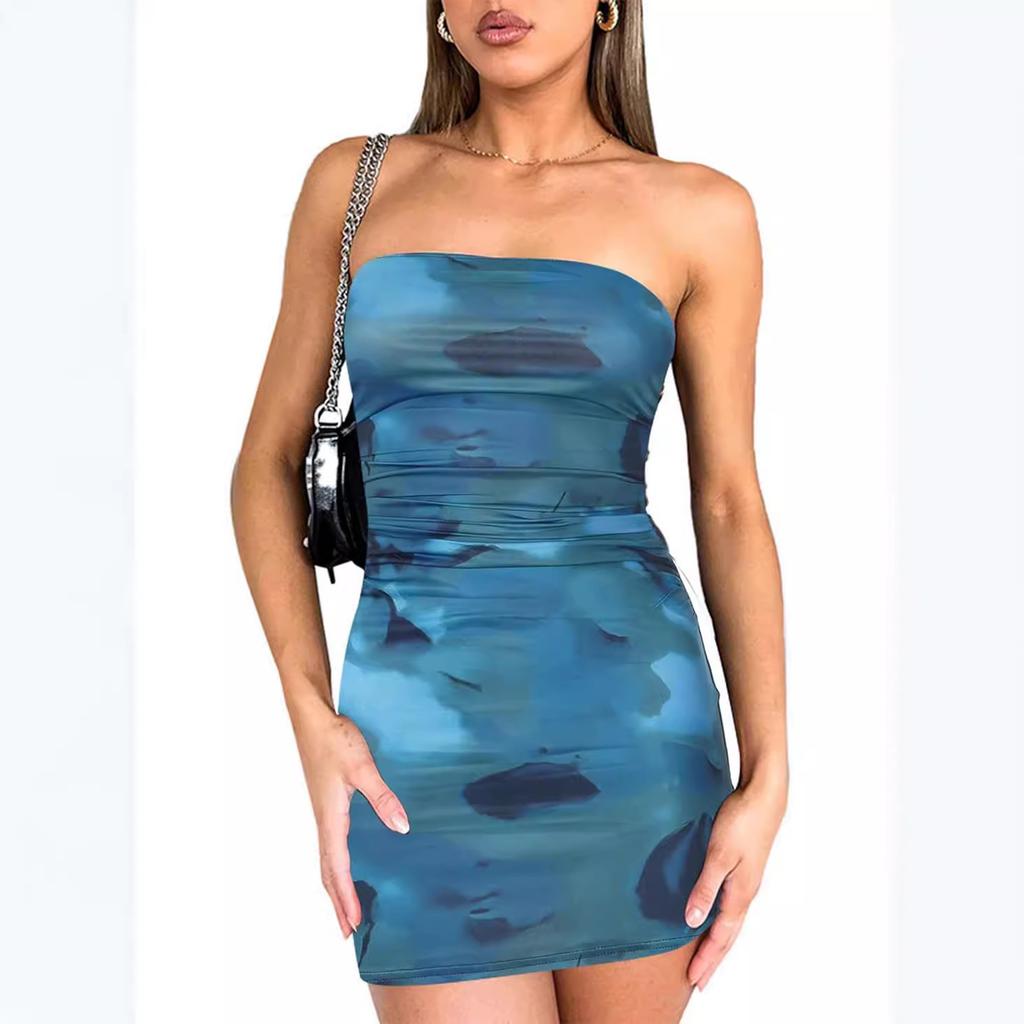 Women's Abstract Print Strapless Bodycon Mini Dress Ruched Tube Top Party Dress