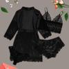 4-Piece Women Sexy Garter Lingerie Set Robes Lace Bodysuit Deep-V Neck Underwear