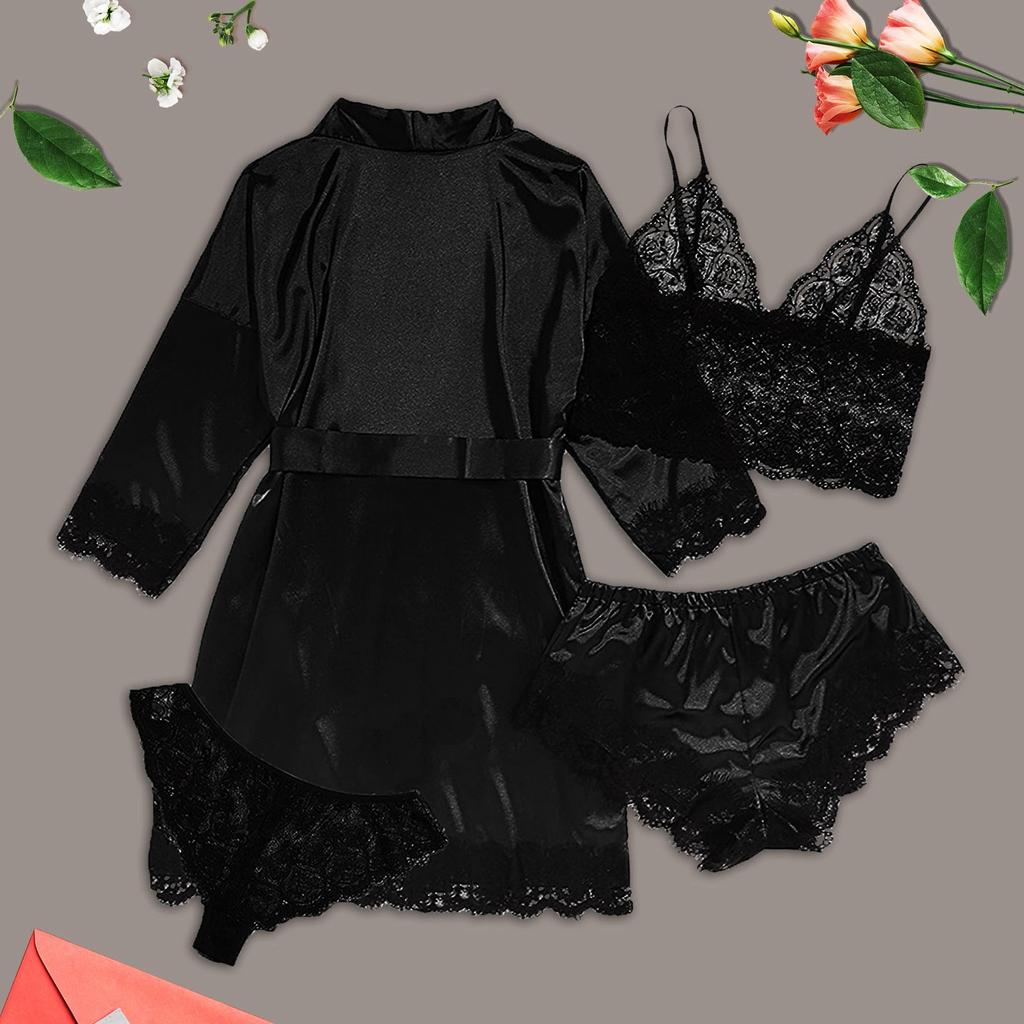 4-Piece Women Sexy Garter Lingerie Set Robes Lace Bodysuit Deep-V Neck Underwear