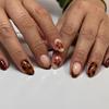 24PCS Almond Brown Smudge Press On Nails with Glue Retro Flowers Autumn French Fake Nails for Women Wearable Simple False Nails
