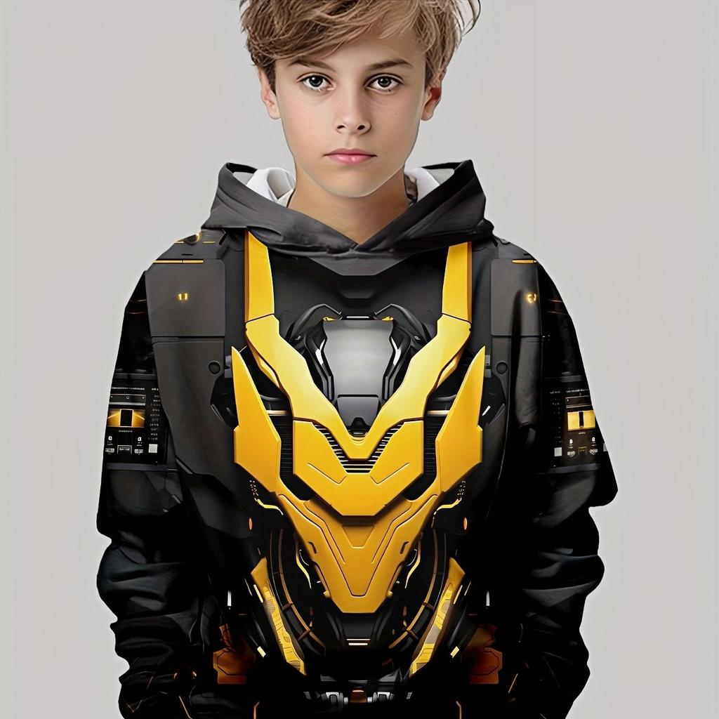 Boys' Fashionable 3D Printed Casual Long Sleeved T-shirt, Spring and Autumn Outdoor Hooded Top