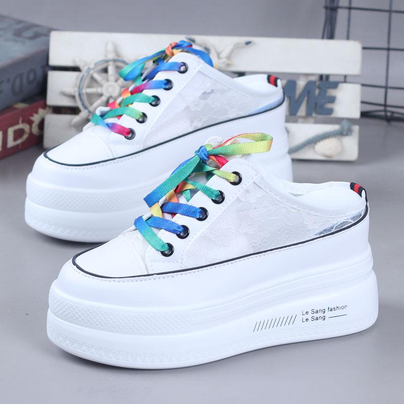 

Модная летняя дышащая марлевая обувь, маленькие белые туфли с закрытой пяткой, полушлепанцы женские, толстая подошва, внутренняя танкетка 10 см, без каблука, ленивая обувь 37