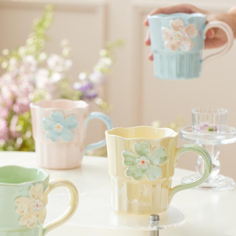 Pearl Glaze Hand-painted Relief Mug Home Office Light Luxury High-end Ceramic Water Cup High Value Cross-border Cup