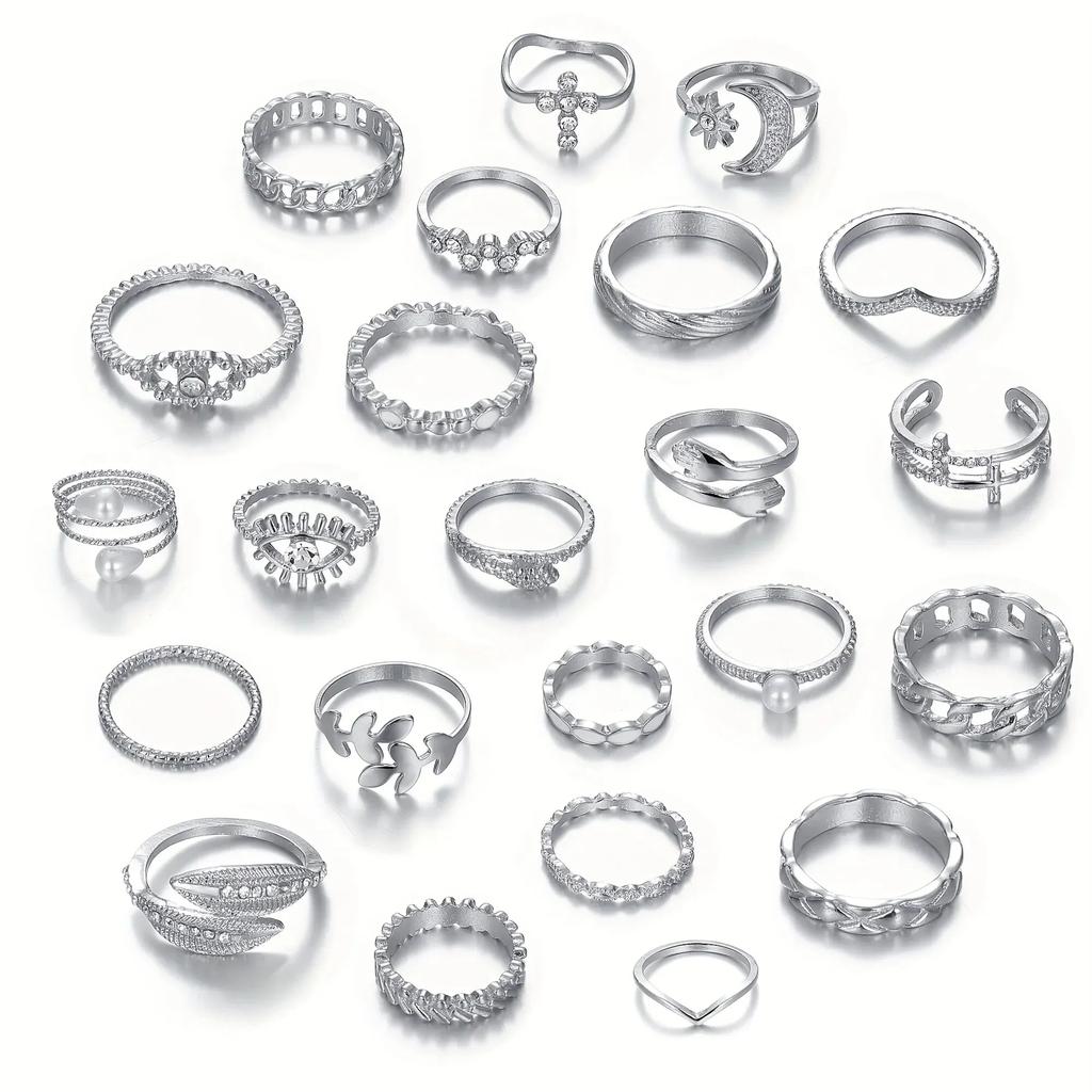 23pcs Fashion Silver Color Pearl Rings Set For Women Cross Butterfly Leaf Evil Eye Patterns Mix And Match Daily Outfits Jewelry