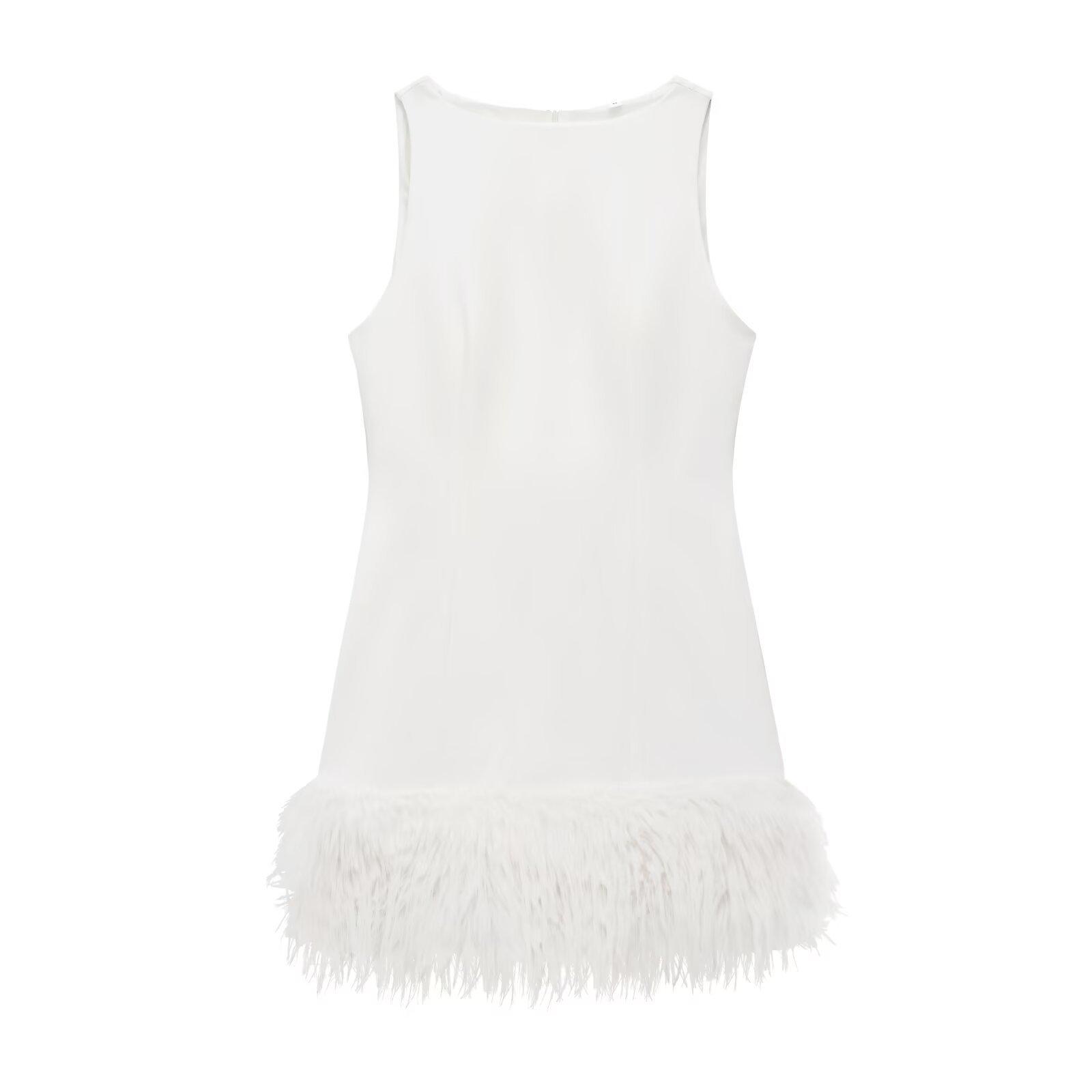

2024 Women s Winter Feather-Trim Dress - European & American Slim Fit Style Medium белый