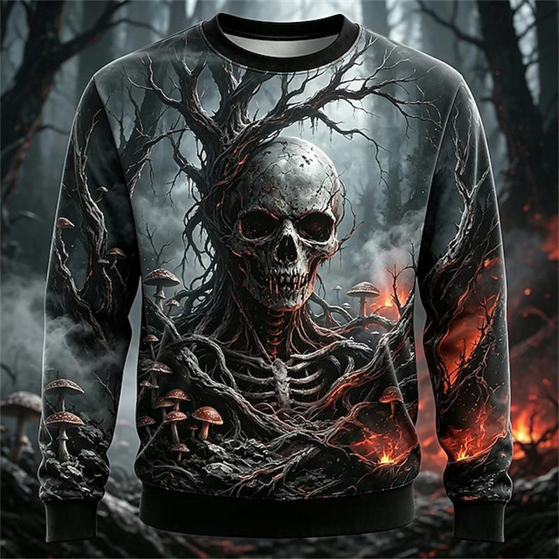 New Men's Round-Neck Halloween Long-Sleeve T-Shirt with Spooky Skull Print for Holiday Parties - Men's Top