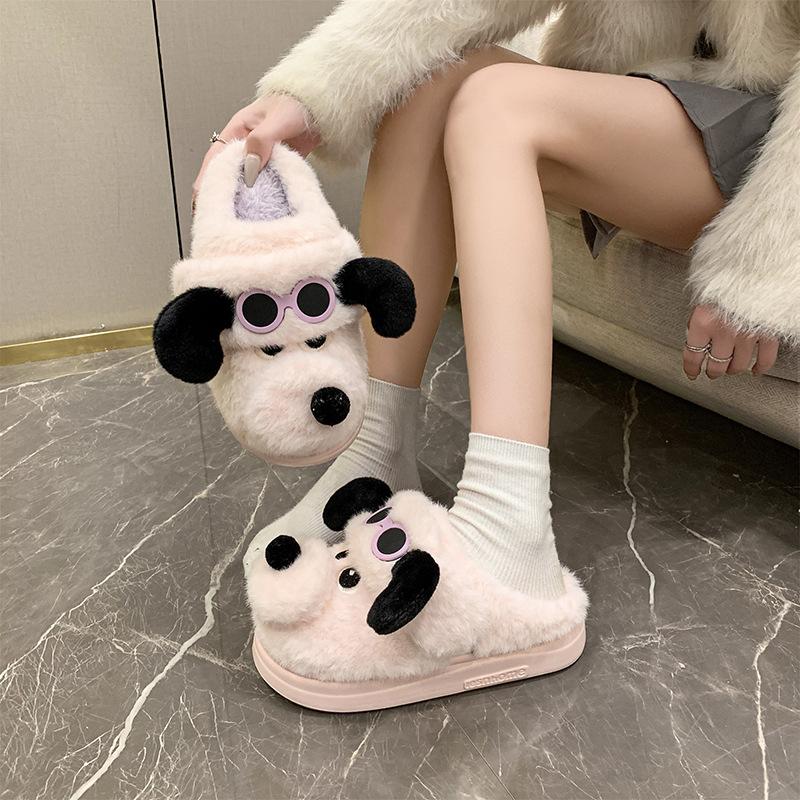 Scribbled Dog Cotton Slippers Winter Girl Cute Cartoon Indoor Home Warm Couple Thick Bottom Fluffy Slippers