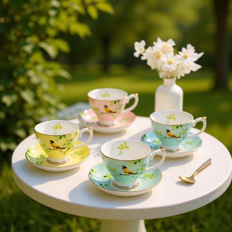 Luxury Gold Rim Bone China Tea Cup and Saucers, Elegant Floral Butterfly Coffee Mug Tableware Set, Bird on Branches Bone China Coffee Cup for Home