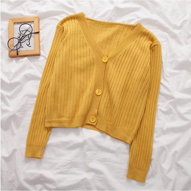 

Осенне-зимний короткий вязаный кардиган, мягкий толстый однобортный жакет в полоску, шерстяной свитер жёлтый