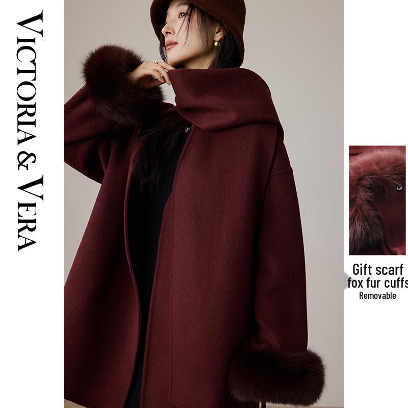 

VICTORIA&VERA Women s Luxury Fox Fur Sleeve Wool Scarf Coat S