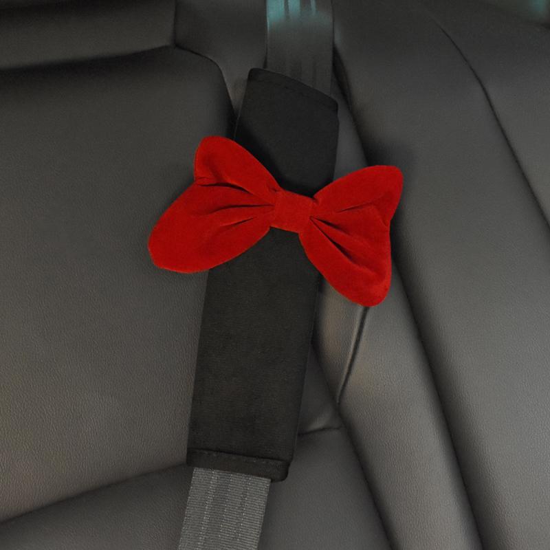 1pc Cute Cartoon Red Bowknot Car Neck Pillow Universal Auto Seat Headrest Support Seatbelt Cover Car Accessories for Women
