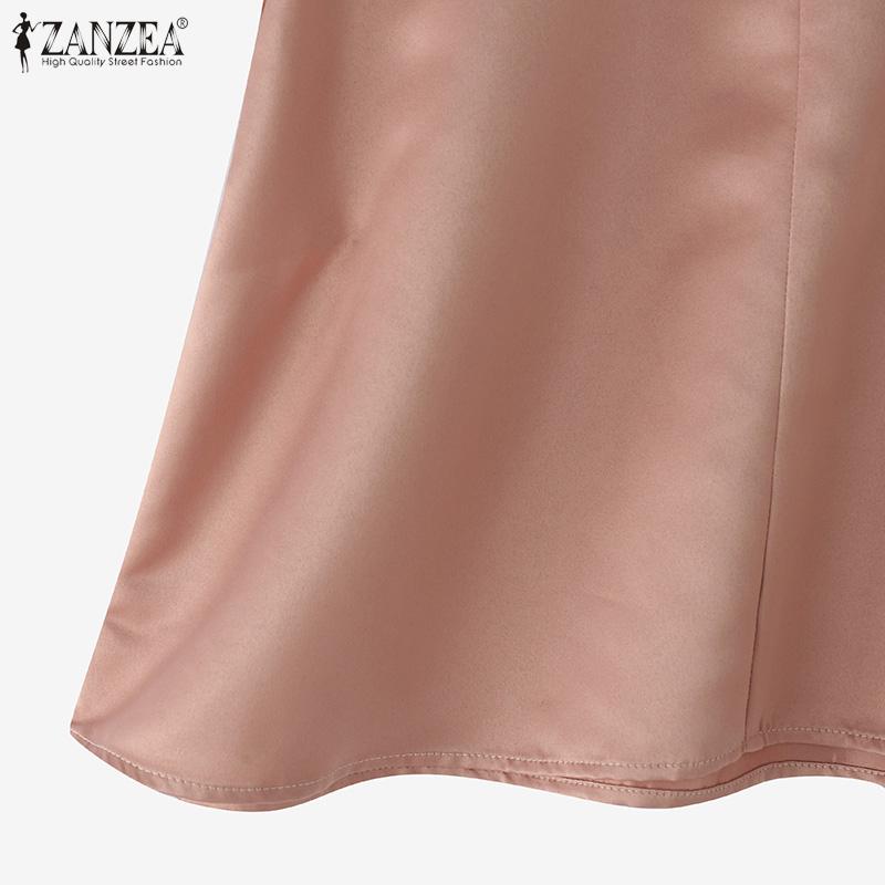 ZANZEA Women Summer Casual Doll Collar Short Sleeve Satin Blouse
