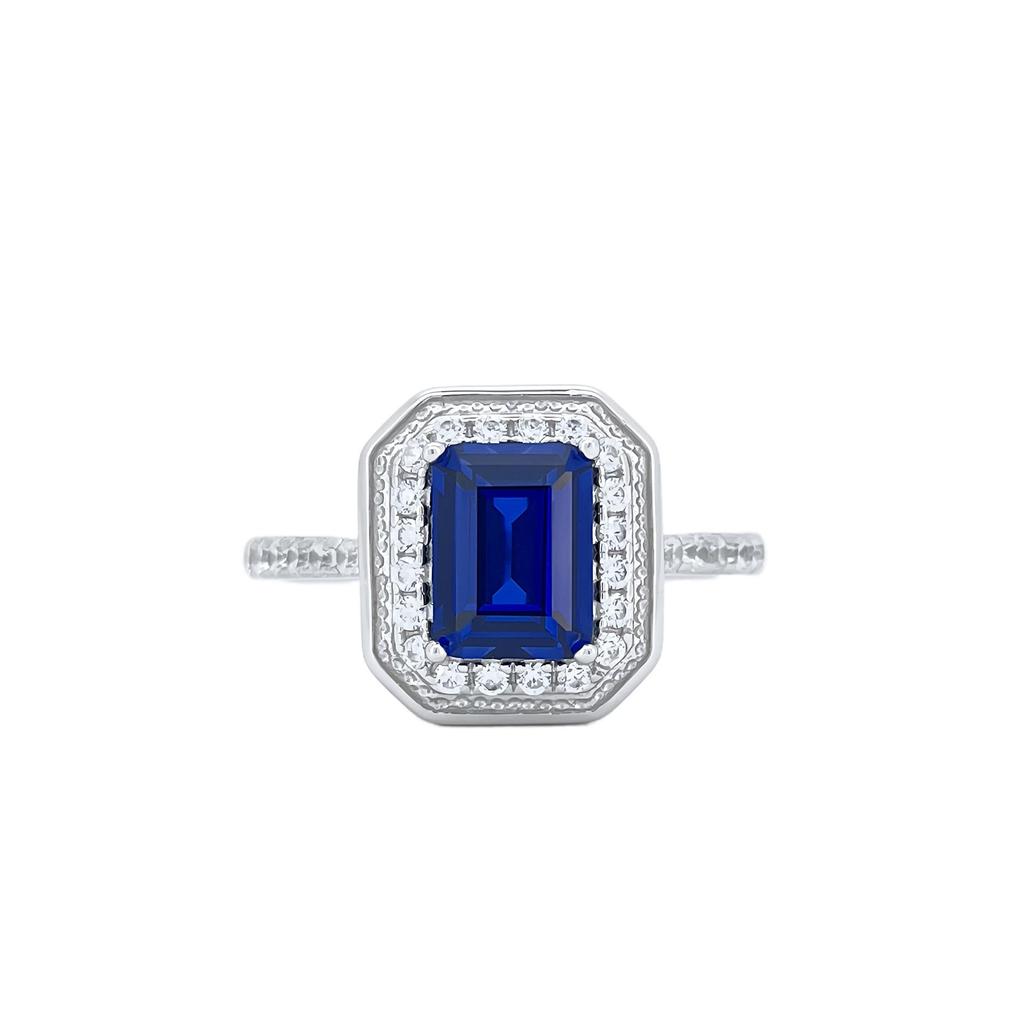 Zhou Hengfu S925 Sterling Silver Cultured Sapphire & Paved Diamond Ring - Women's Light Luxury Style with Colored Gemstones.