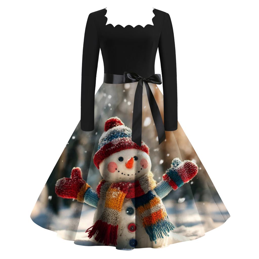 Women's Fashion Retro Long-sleeved Square Collar Christmas Printed Evening Dress