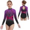 Girls Color Block Ballet Leotard Long Sleeve with Shiny Rhinestones Gymnastics Dance Outfit One Piece