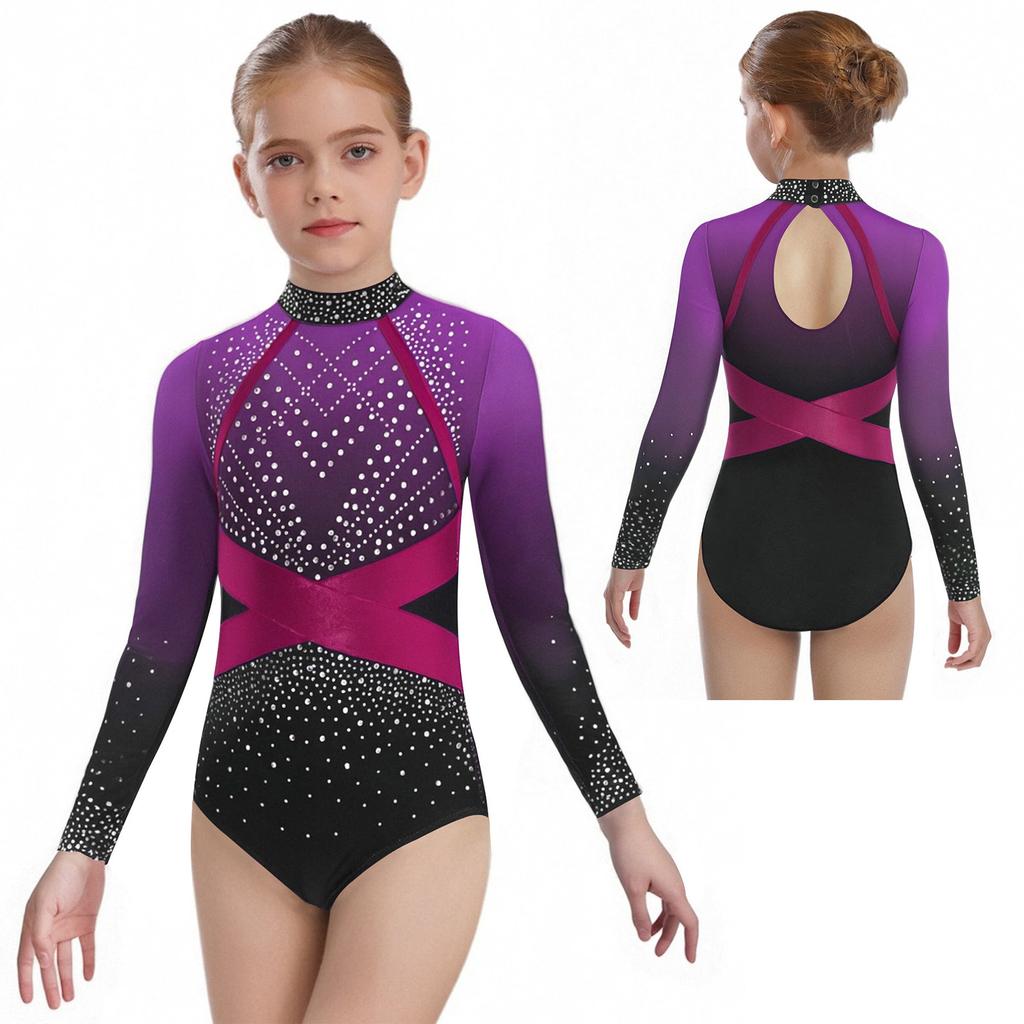 Girls Color Block Ballet Leotard Long Sleeve with Shiny Rhinestones Gymnastics Dance Outfit One Piece