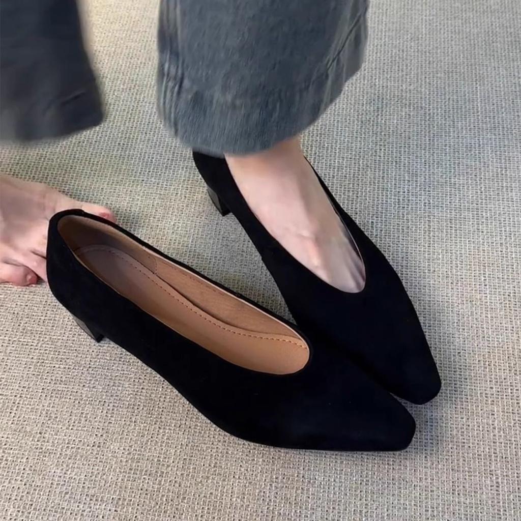 Leather version~ Commuter matte leather simple one-pedal single shoes women's French shallow mouth square head retro thick heel grandma shoes