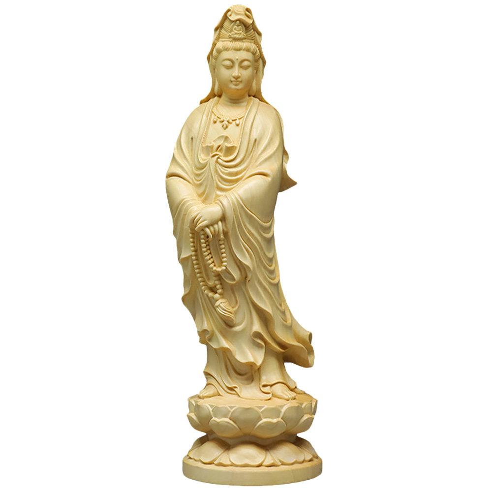 Premium Handcrafted Wooden Avalokitesvara Statue Desktop Decor Retro Chinese Style Buddha Ornament for Home Office Zen