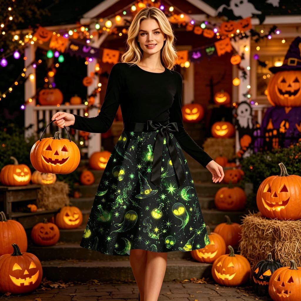 Women Crew Neck Halloween Print Dress Long Sleeve Casual Style and Patterned Midi Dress with Ribbon Waist Tie