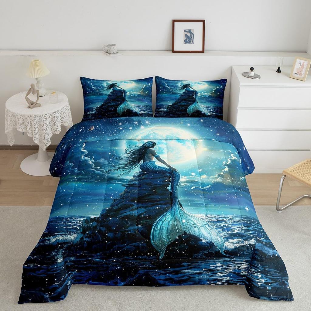 3D Mermaid Comforter Set Queen SizeSea Moon Starry Sky Bedding Set Kids Boys Girls Room DecorLuxury Fashion Soft Microfiber