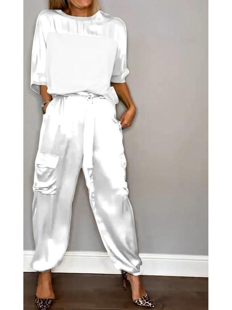 European & American Women's Satin Half-Sleeve Top and Pants Two-Piece Set (2024)