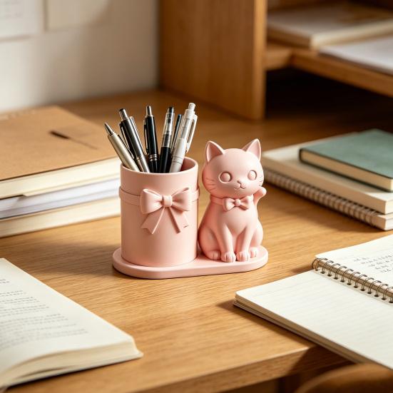 huaqianguhh Cat Pen Holder, Cute Kitty Desk Organizer with Pens, Pencils, Makeup Brushes, 3D Printed Sculpture for Home Office Decor