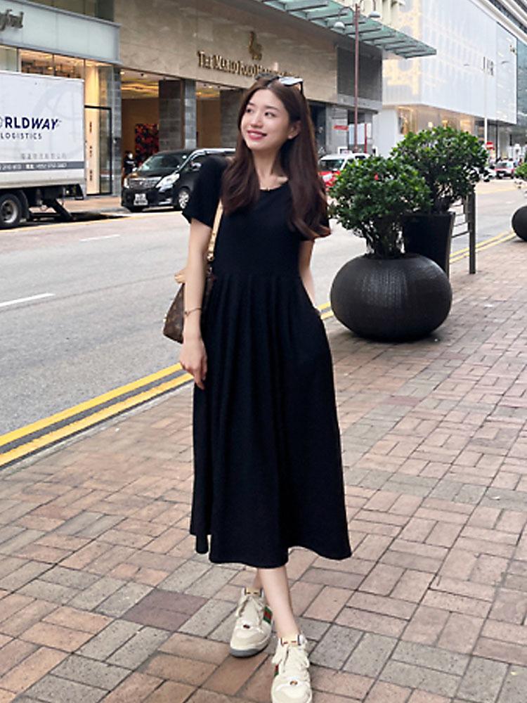 French small short-sleeved t-shirt dress women's new summer women's clothing Hepburn style waist and thin dress