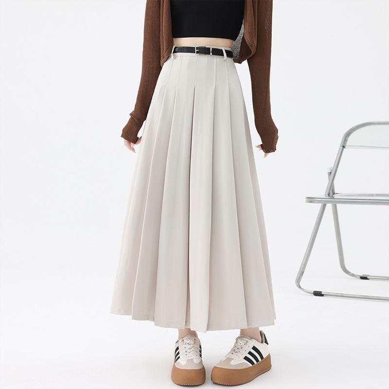 

Women s Autumn/Winter High Waist Slimming Pleated Skirt with Belt - Elegant Mid-Length Swing Skirt Small