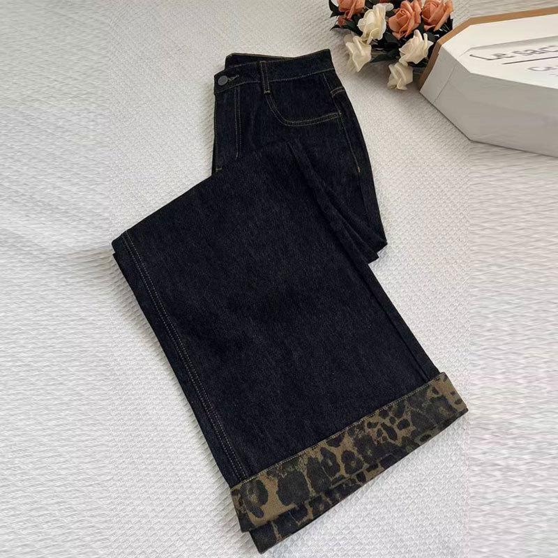 2026 Spring/Summer American Retro Leopard Print Patchwork Wide-Leg High-Waisted Women's Cuffed Jeans