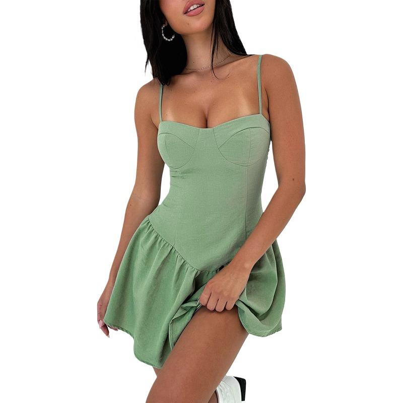Spring Summer Women's Short Dress Halter Bodice Style Ruffled Solid Color Dress