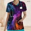 Women Plus Size V Neck Short Sleeve Nebula Printed Nurse Scrub Top With Front Pockets