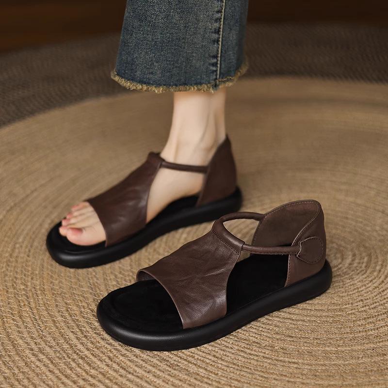 French Flat-soled Sandals Women's Summer Outer Wear Commuting Versatile Not Tired Feet Retro Style Open-toed Platform Casual Roman Shoes