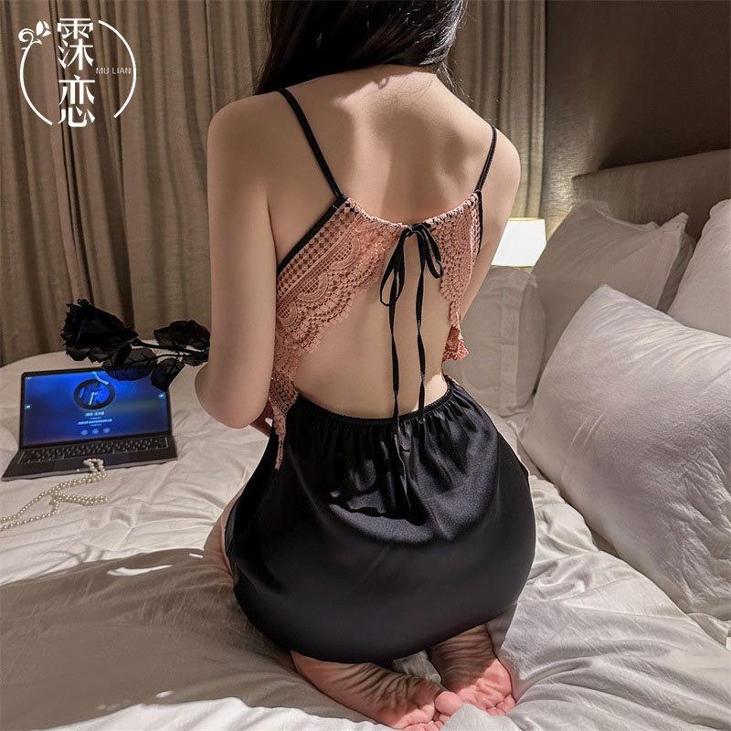 Sexy Suit Deep V Embroidery Lace Simulation Silk Backless Pure Desire Suit Can Be Worn Outside