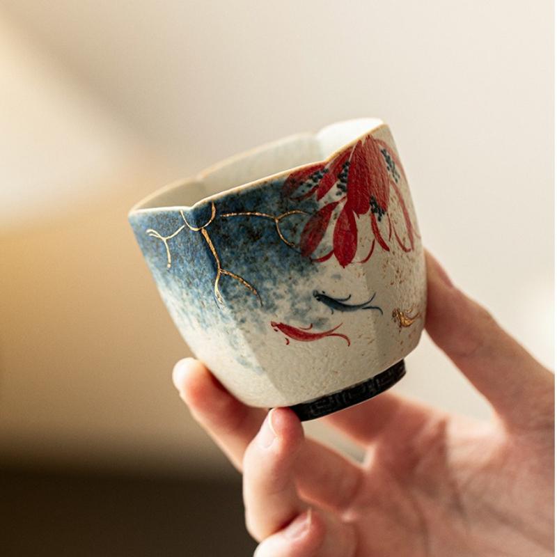 Blue and White Flint Red High-end Master Cup with Gold Stroke Hand-painted Lotus Rhyme, Koi Fish, Hexagonal Cup, Ceramic Tea Cup