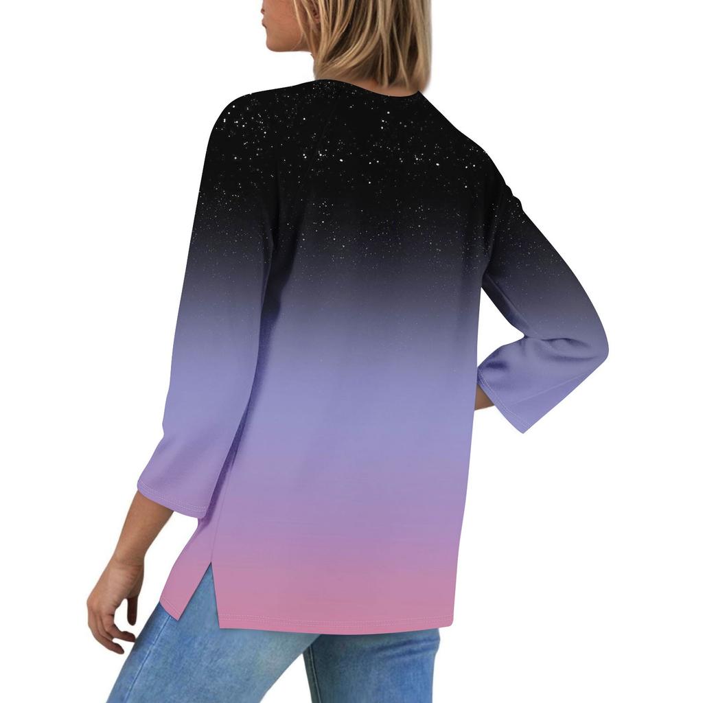 Damen Lässige Mode V-Ausschnitt Locker Vielseitig Farbverlauf Drei-Viertel-Ärmel