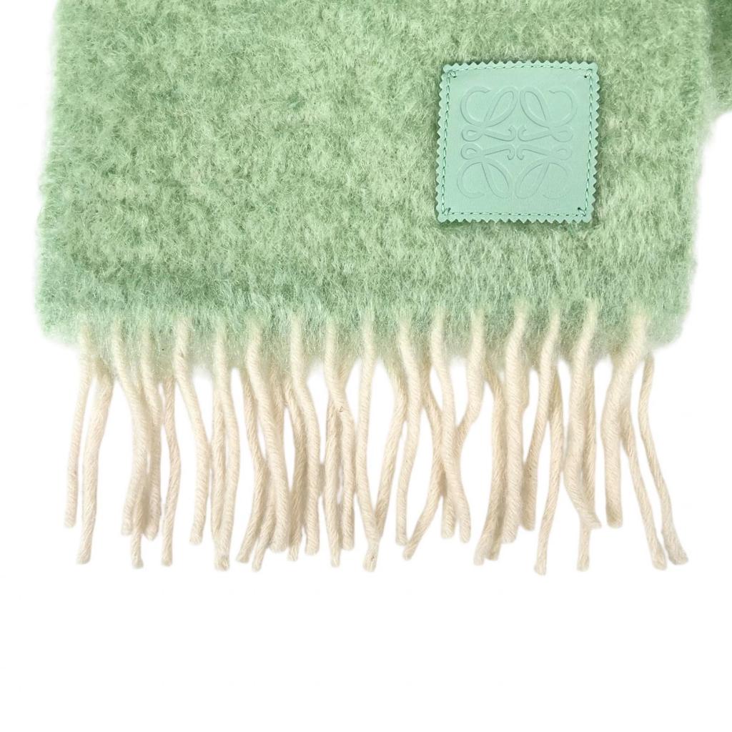 Excellent LOEWE Scarf Anagram Leather Patch Fringe green mohair Women Used