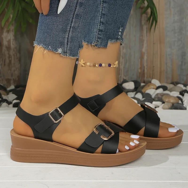 Fashion Women's Sandals Buckle Design Wedge Platform Sandals Woman Ankle Strap Thick Bottom Sandles Women Summer Non Slip Rome Sandalias