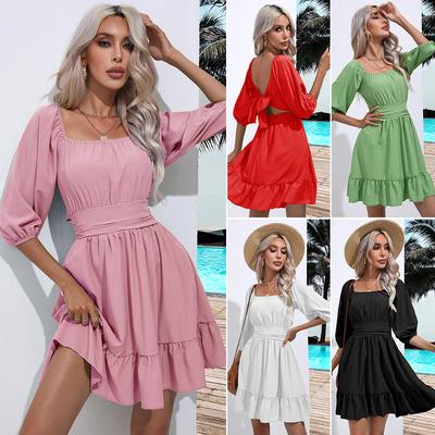 Womens Dresses for Women Dress Summer Ruffled Dress with Square Neck Lace-up Women Dress Female Casual Dresses Sweet Dress Holiday Dresses