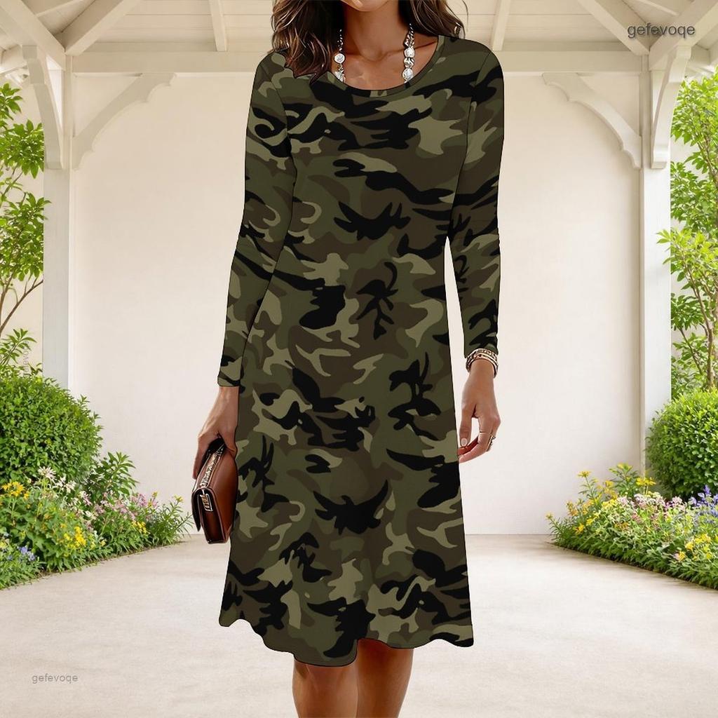 Women Plus Size Round Neck Long Sleeve White Floral Printed A Line Dress