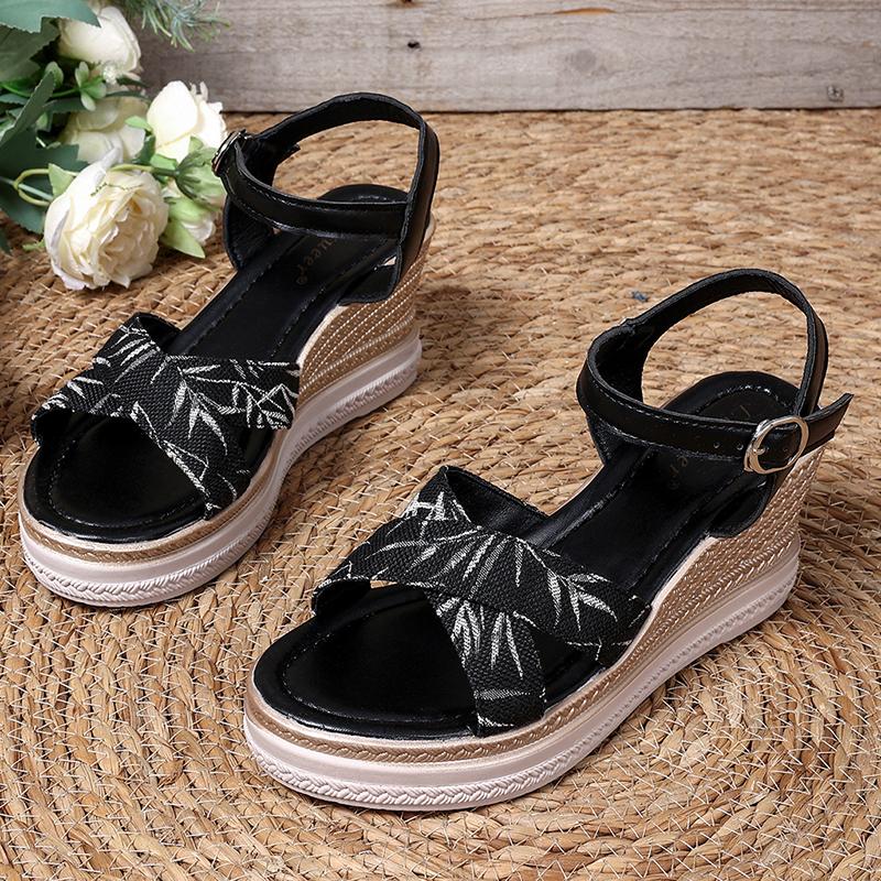 Fashion Vintage Print Wedges Sandals for Women Summer Ankle Buckle Platform Sandles Woman Comfort Non Slip Plus Size Casual Sandalias