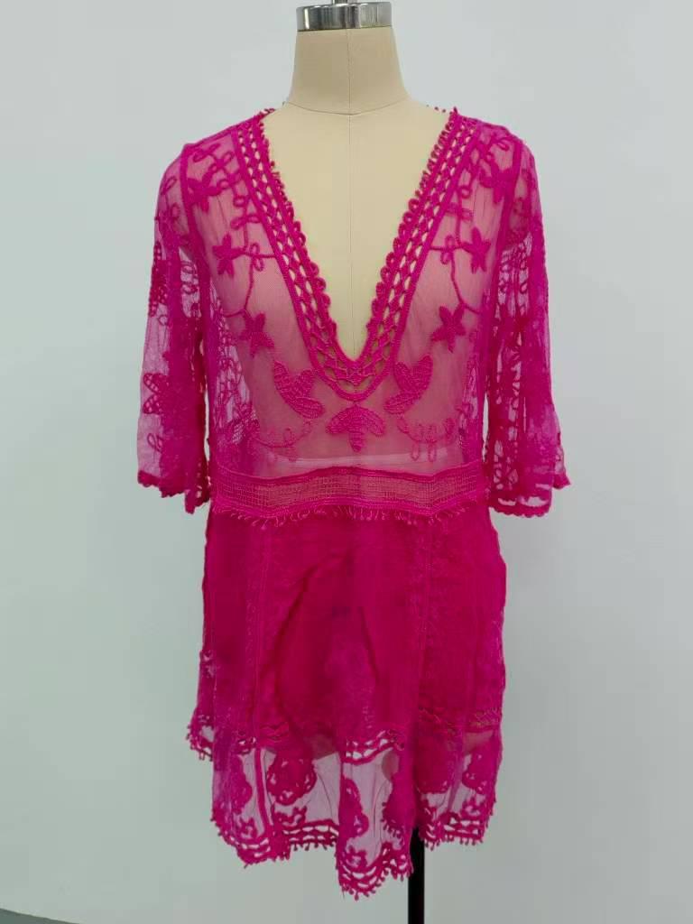 Stylish V-Neck Lace Embroidered Bikini Cover-up with Sun Protection