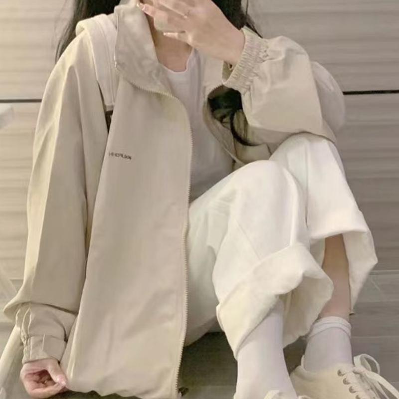 Women's Harajuku Minimalist Jacket Student Baseball Style Loose Casual Versatile Trendy Windbreaker Jacket Top for Spring and Autumn