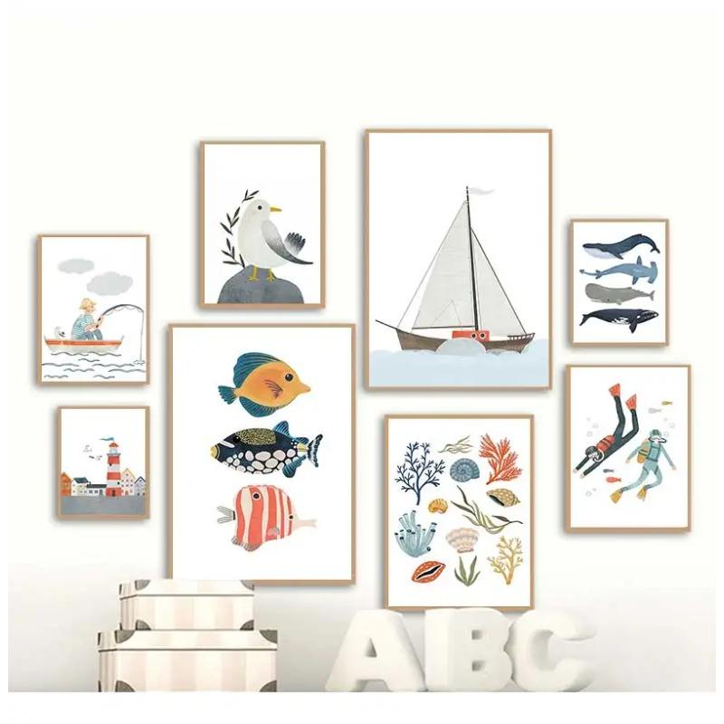 Sailboat Lighthouse Whale Seagull Shell Diver Posters Prints Canvas Painting Nordic Wall Art Pictures Kids Room Home Decor