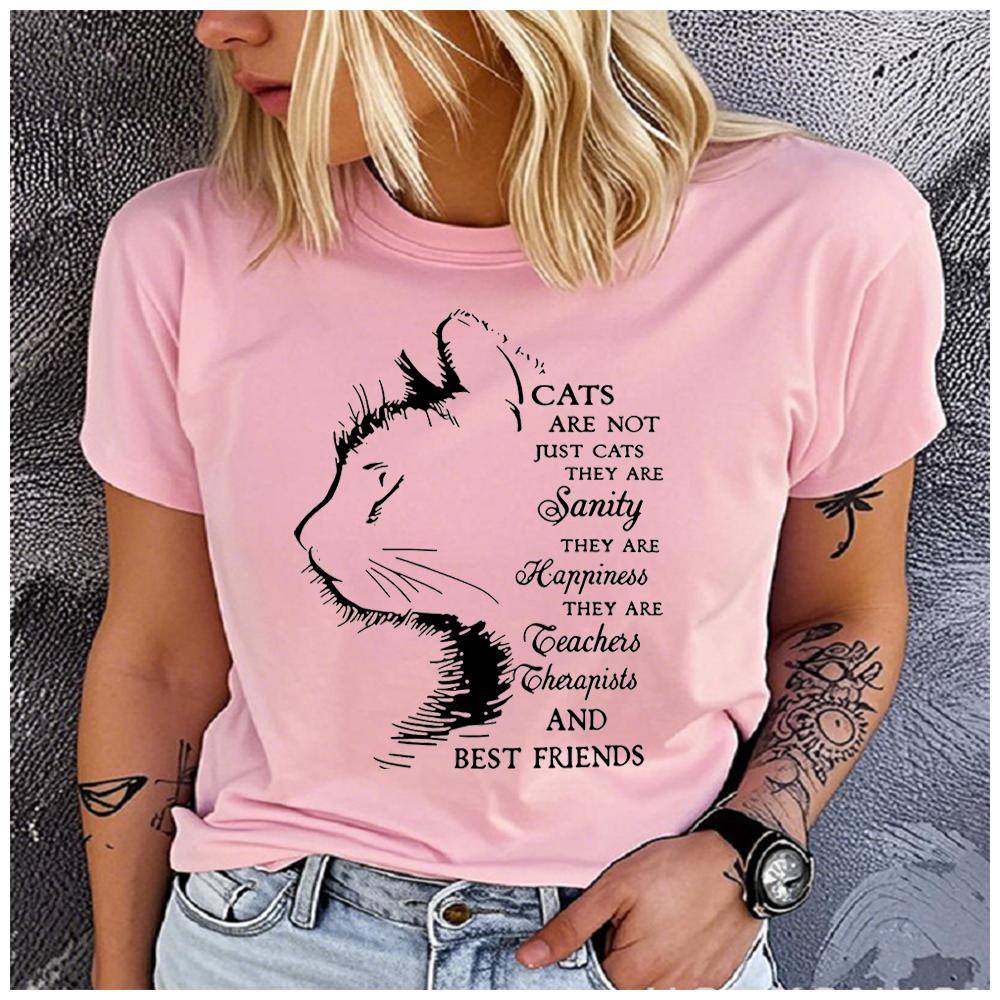 Unisex 100% Polyester Summer Top with Cat Profile Print Loose round Neck Short Sleeve Fashion for Astrology Lovers Black-White Stri