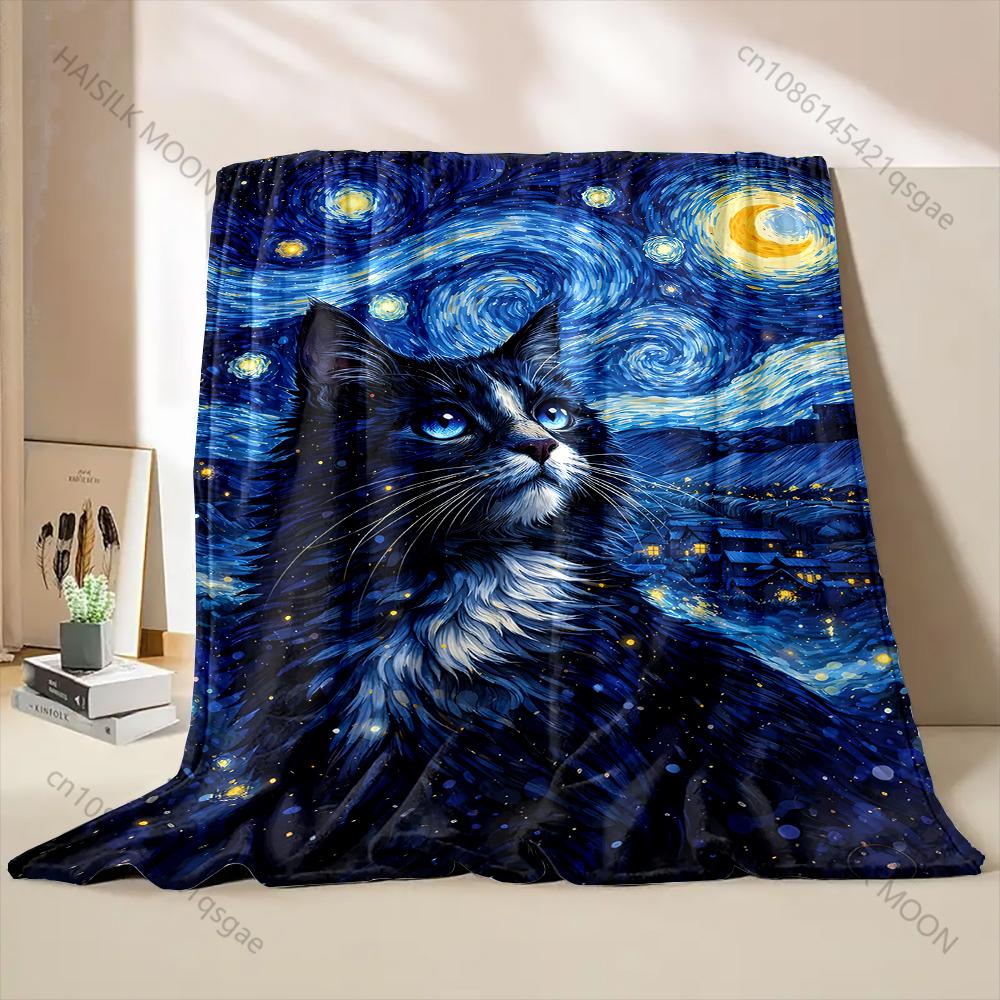 

Multiple sizes Black cat with starry night Print Blanket Warm Soft for Children Adults Luxury Gifts Home Sofa Travel Camping 75x90cm