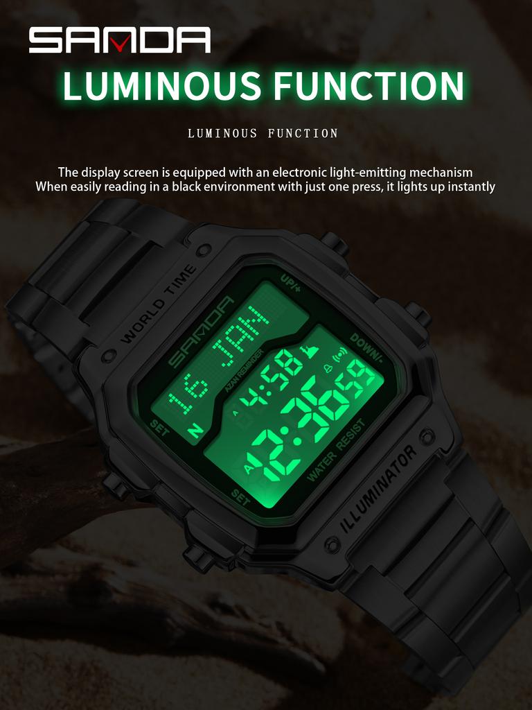 Relógio Digital SANDA 2173 Hora Mundial com Função Azan Pulseira de Aço À Prova d'Água Multifuncional Lembrete de Oração Relógio de Pulso